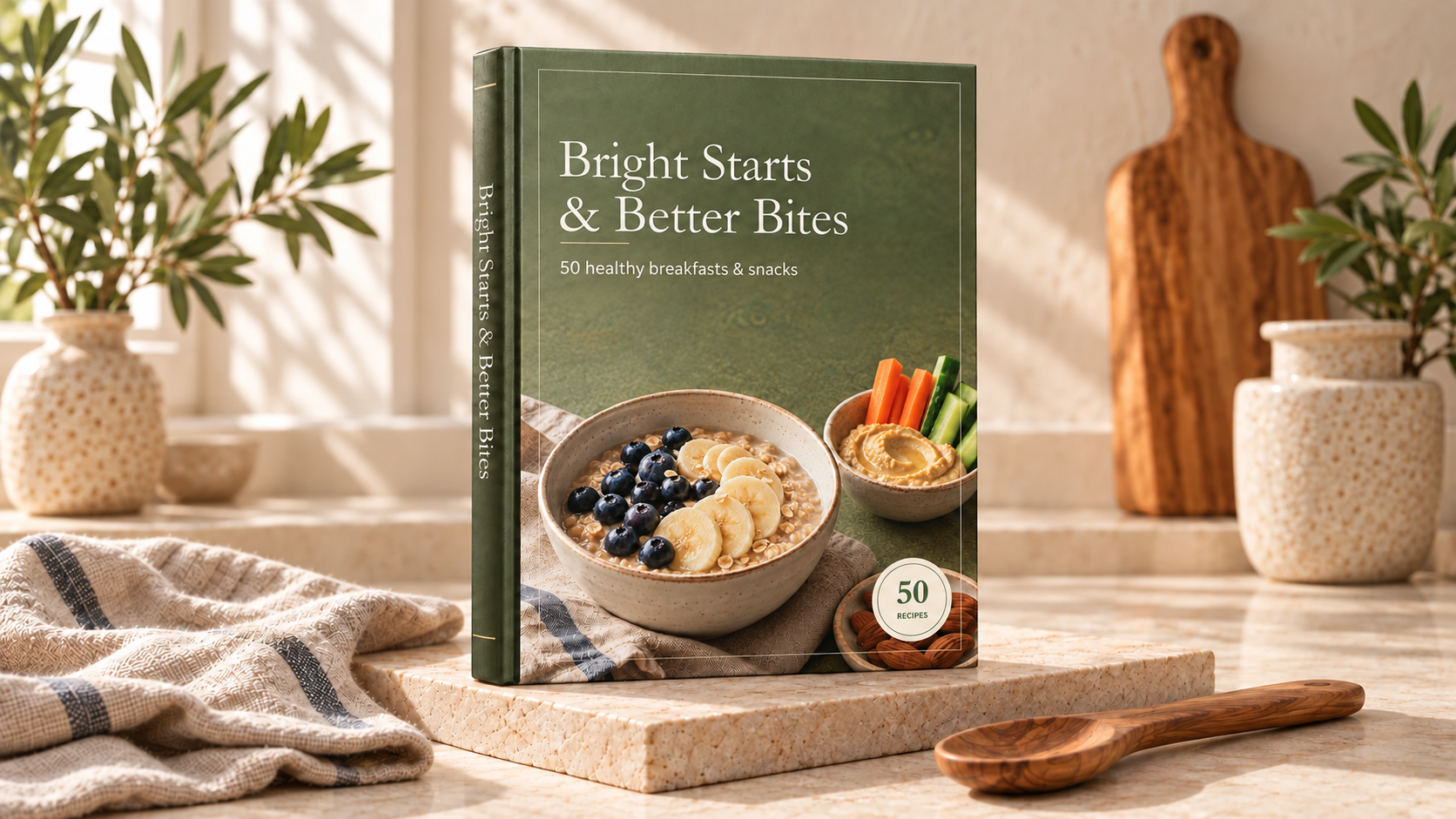 Bright Starts & Better Bites cookbook shown as a book on a kitchen counter