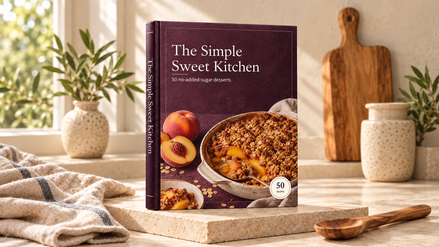 The Simple Sweet Kitchen cookbook shown as a book on a kitchen counter