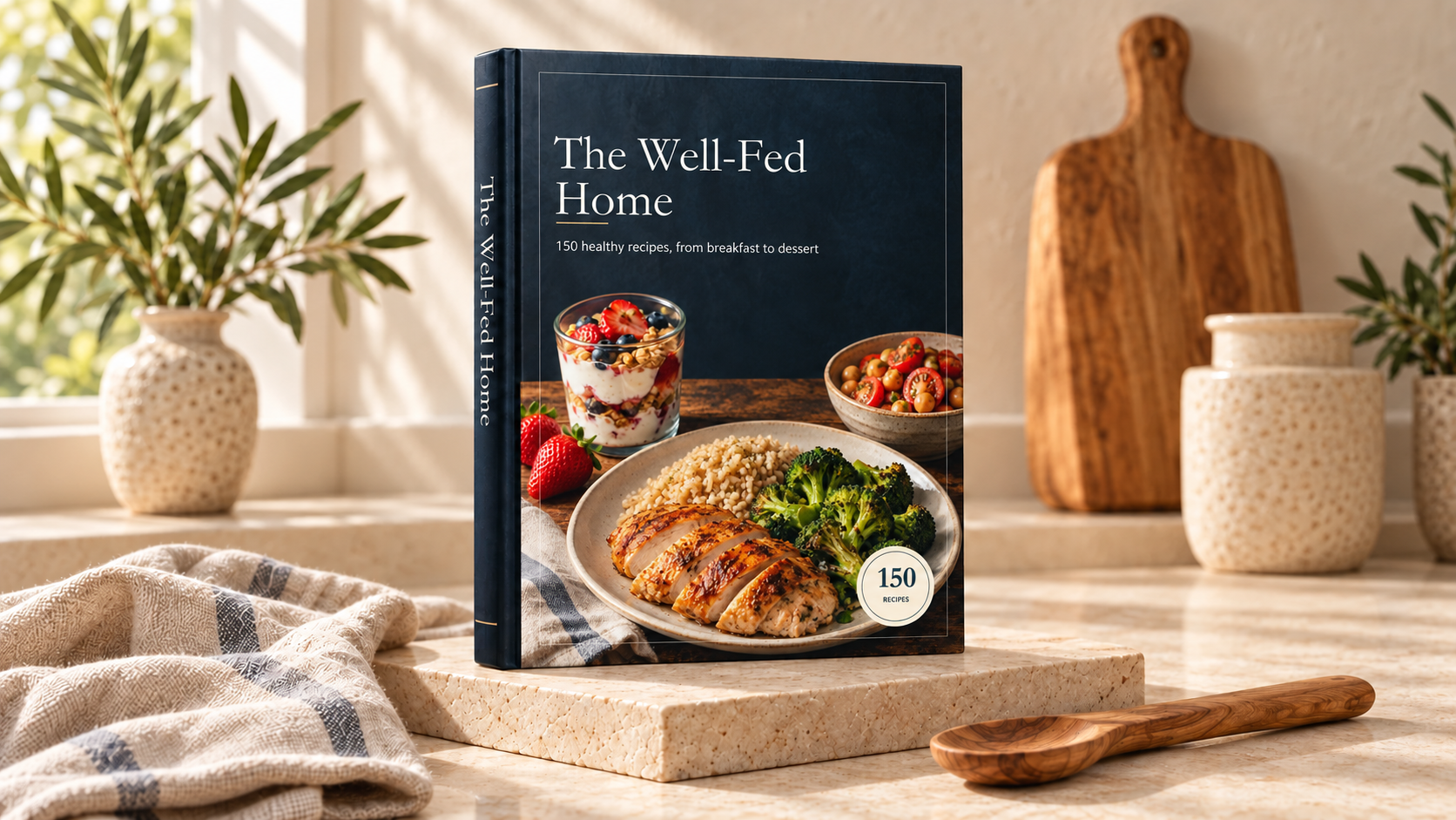 The Well-Fed Home cookbook shown as a book on a kitchen counter